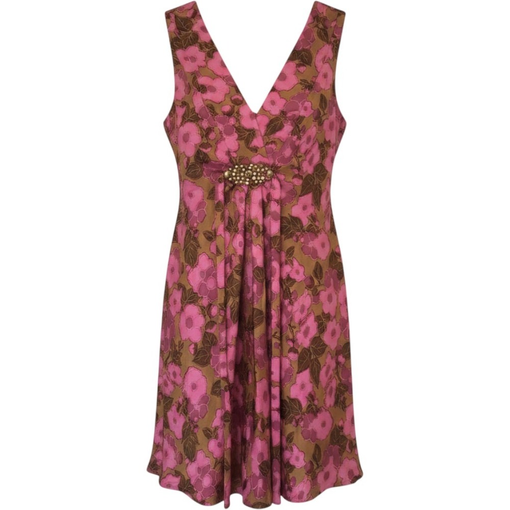 Sleeveless Pink Floral Midi Dress with Embellished Waist